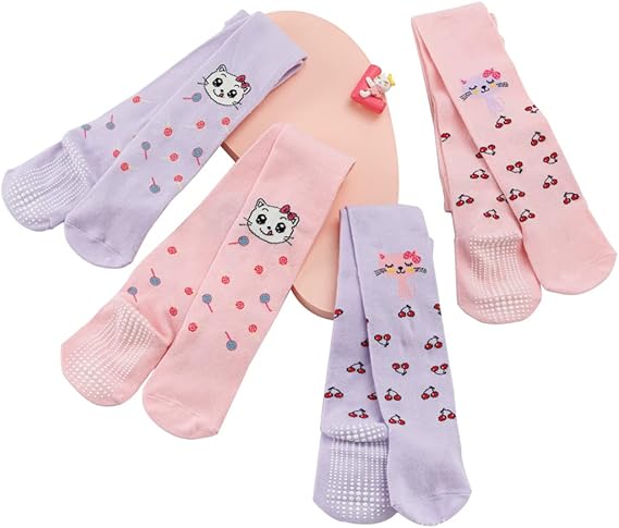 cotton coming 婴儿女孩连裤袜棉质,粉红色和紫色婴儿幼儿儿童防滑